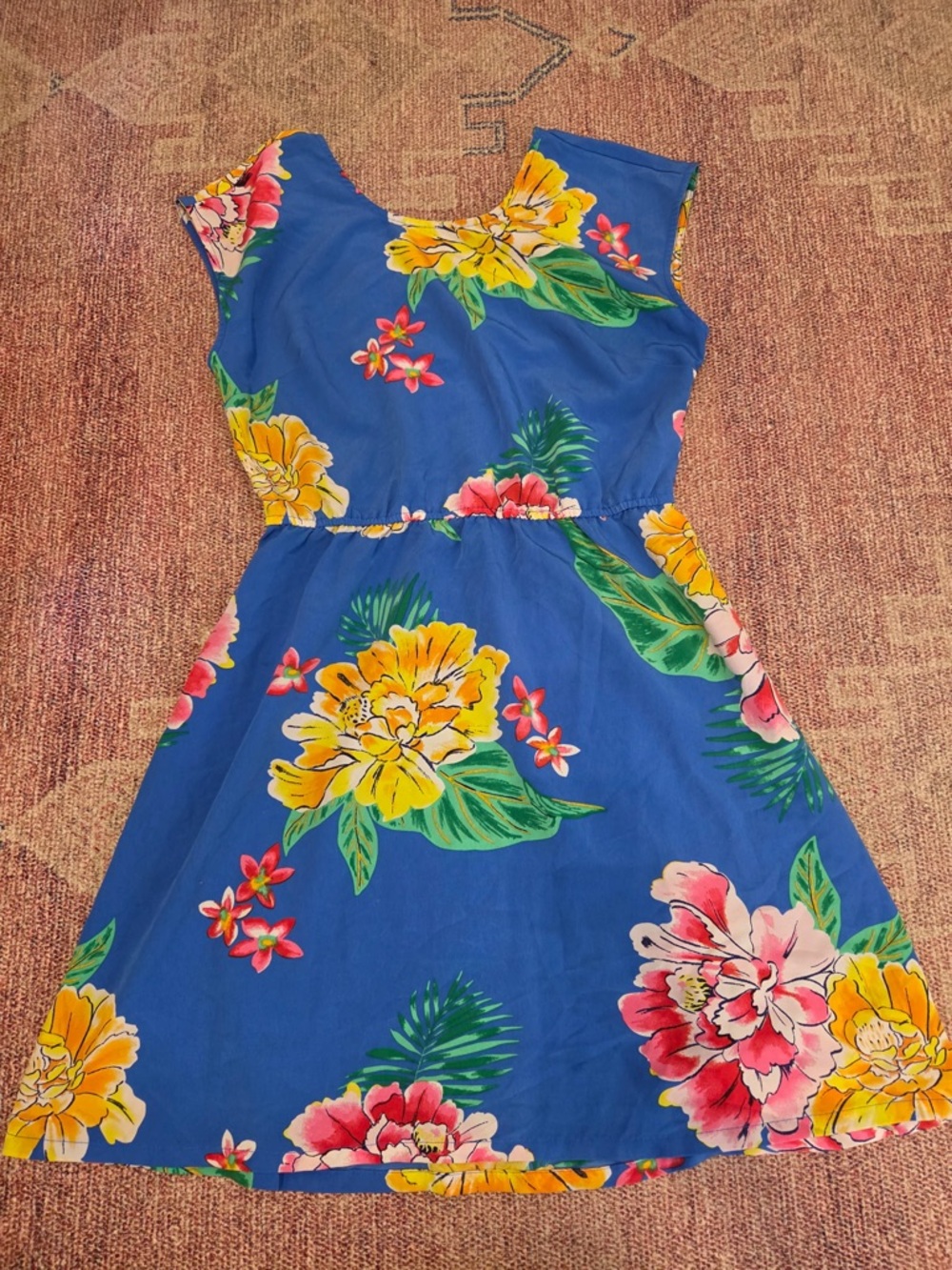 Old navy Hawaiian floral cap sleeve a line ruched waist mini dress med